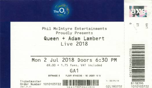 Ticket stub - Queen + Adam Lambert live at the O2 Arena, London, UK [02.07.2018]