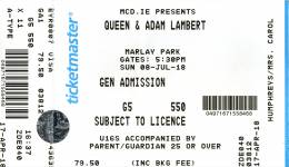 Ticket stub - Queen + Adam Lambert live at the Marlay Park, Dublin, Ireland [08.07.2018]