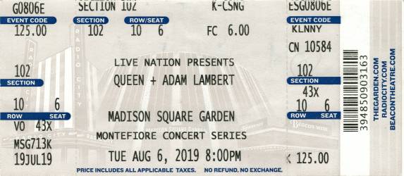 Ticket stub - Queen + Adam Lambert live at the Madison Square Garden, New York, NY, USA [06.08.2019]