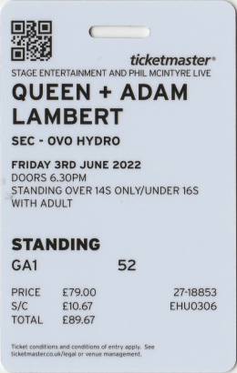 Ticket stub - Queen + Adam Lambert live at the The SSE Hydro, Glasgow, UK [03.06.2022]