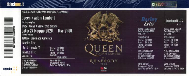 Ticket stub - Queen + Adam Lambert live at the Unipol Arena, Bologna, Italy [11.07.2022]