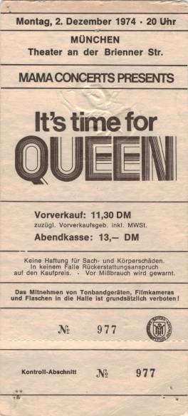 Ticket stub - Queen live at the Brienner Theater, Munich, Germany [02.12.1974]