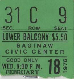 Ticket stub - Queen live at the Civic Centre, Saginaw, MI, USA [18.02.1976]