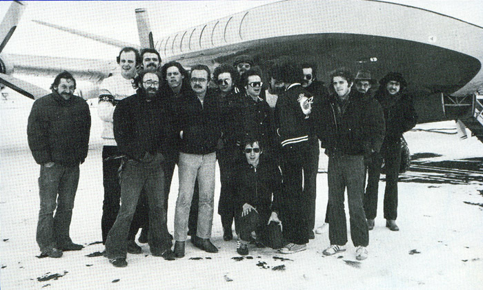 Queen crew in front of Queen's private plane in USA 1978