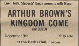 Flyer/ad - Queen in Epsom on 09.12.1972