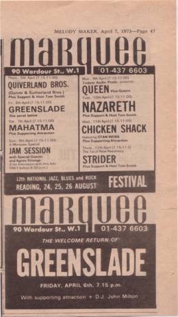 Flyer/ad - Queen in Marquee, London on 9.4.1973