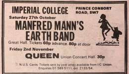 Flyer/ad - Queen in Imperial College, London on 2.11.1973