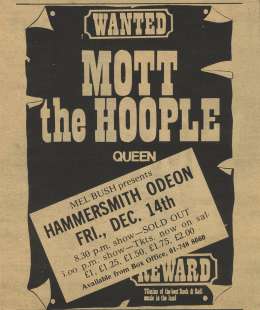 Flyer/ad - Mott/Queen in London on 14.12.1973