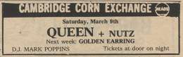 Flyer/ad - Queen in Cambridge on 09.03.1974