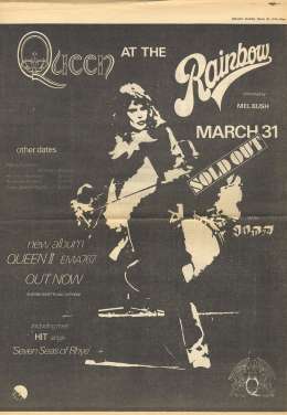 Flyer/ad - Queen in Rainbow, London on 31.3.1974