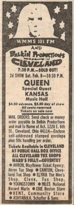 Flyer/ad - Newspaper ad for the Queen concert in Cleveland on 08.02.1975