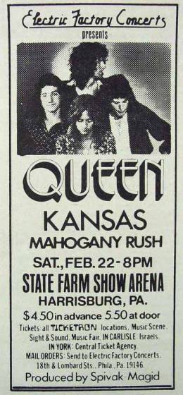 Flyer/ad - Queen in Harrisburg on 22.2.1975