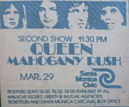 Flyer/ad - Queen in Santa Monica on 29.03.1975