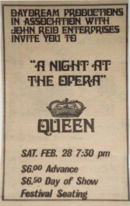 Flyer/ad - Queen in Madison on 28.2.1976