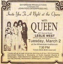 Flyer/ad - Queen in Milwaukee on 2.3.1976