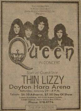 Flyer/ad - Queen in Dayton on 29.1.1977 (cancelled)