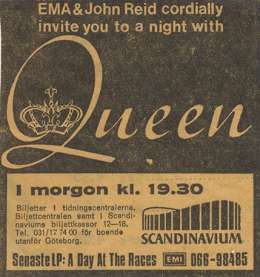 Flyer/ad - Queen in Stockholm on 10.05.1977
