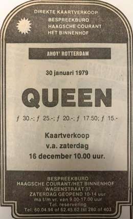 Flyer/ad - Newspaper ad for the Queen concert in Rotterdam on 30.01.1979