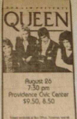 Flyer/ad - Queen in Providence on 26.8.1980