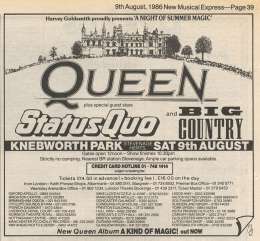 Flyer/ad - Queen in Knebworth on 9.8.1986