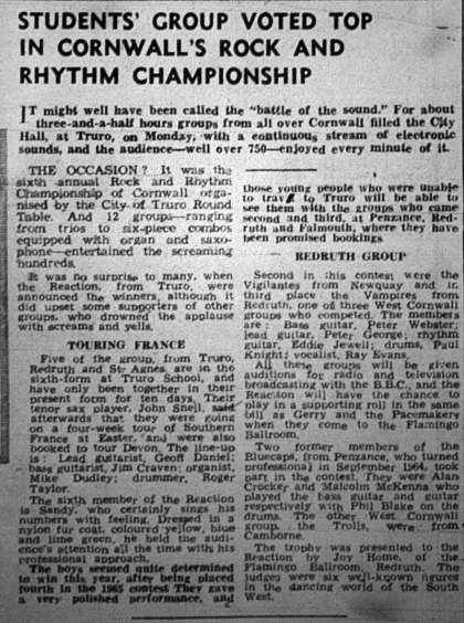 Newspaper review: The Reaction live at the City Hall, Truro, UK [07.03.1966]