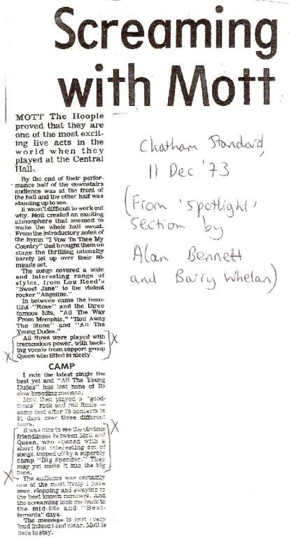 Newspaper review: Queen live at the Central, Chatham, UK [02.12.1973]