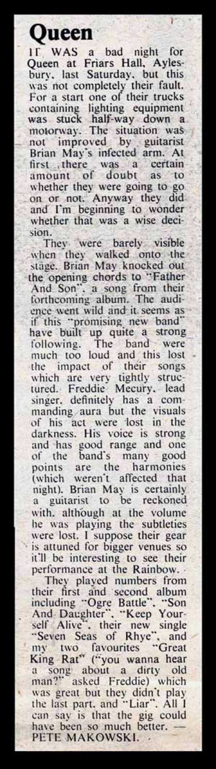 Newspaper review: Queen live at the Friars, Aylesbury, UK [02.03.1974]