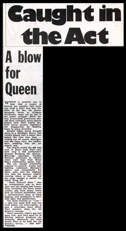 Newspaper review: Queen live at the Queen Margaret Union, University of Glasgow, Glasgow, UK [15.03.1974]