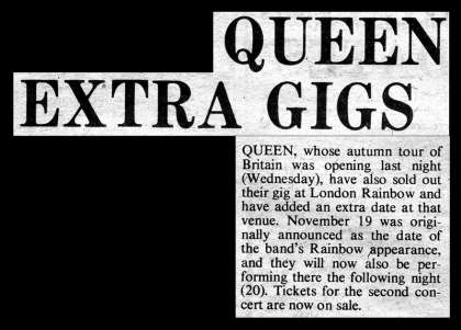 Newspaper review: Queen live at the Rainbow Theatre, London, UK [20.11.1974]