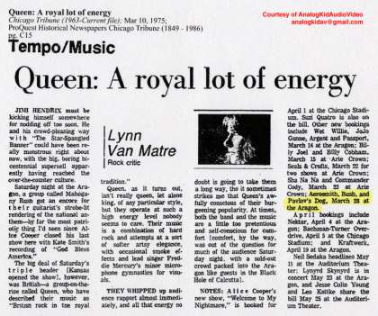 Newspaper review: Queen live at the Aragon Ballroom, Chicago, IL, USA [08.03.1975]