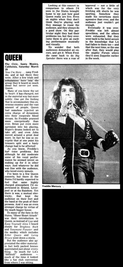 Newspaper review: Queen live at the Santa Monica Civic Auditorium, Santa Monica, CA, USA (2nd gig) [29.03.1975 (2nd gig)]