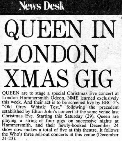Newspaper review: Queen live at the Hammersmith Odeon, London, UK [24.12.1975]