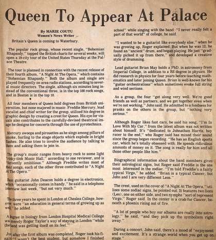 Newspaper review: Queen live at the Palace Theatre, Waterbury, CT, USA [27.01.1976]