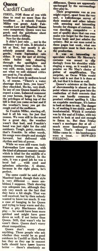 Newspaper review: Queen live at the Castle, Cardiff, UK [10.09.1976]