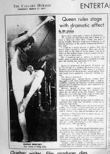 Newspaper review: Queen live at the Jubilee Auditorium, Calgary, Canada [16.03.1977]