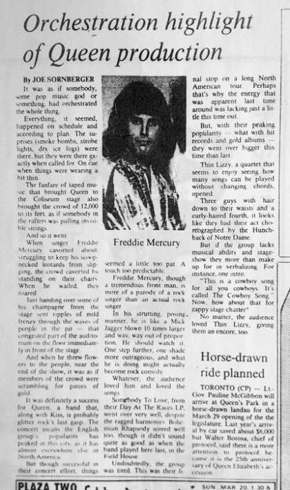 Newspaper review: Queen live at the Northlands Arena, Edmonton, Canada [18.03.1977]