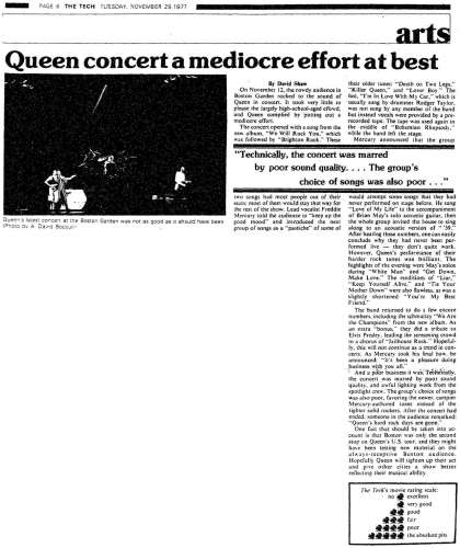 Newspaper review: Queen live at the Garden, Boston, MA, USA [12.11.1977]