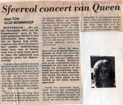 Newspaper review: Queen live at the Ahoy Hall, Rotterdam, The Netherlands [19.04.1978]