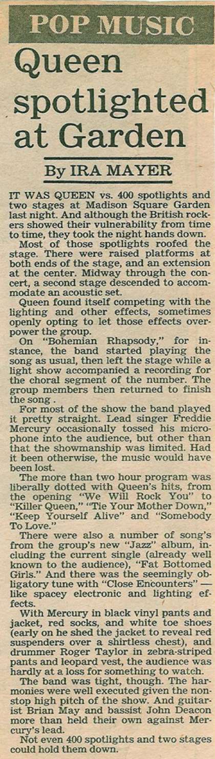 Newspaper review: Queen live at the Madison Square Garden, New York, NY, USA [17.11.1978]