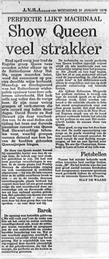 Newspaper review: Queen live at the Ahoy Hall, Rotterdam, The Netherlands [30.01.1979]