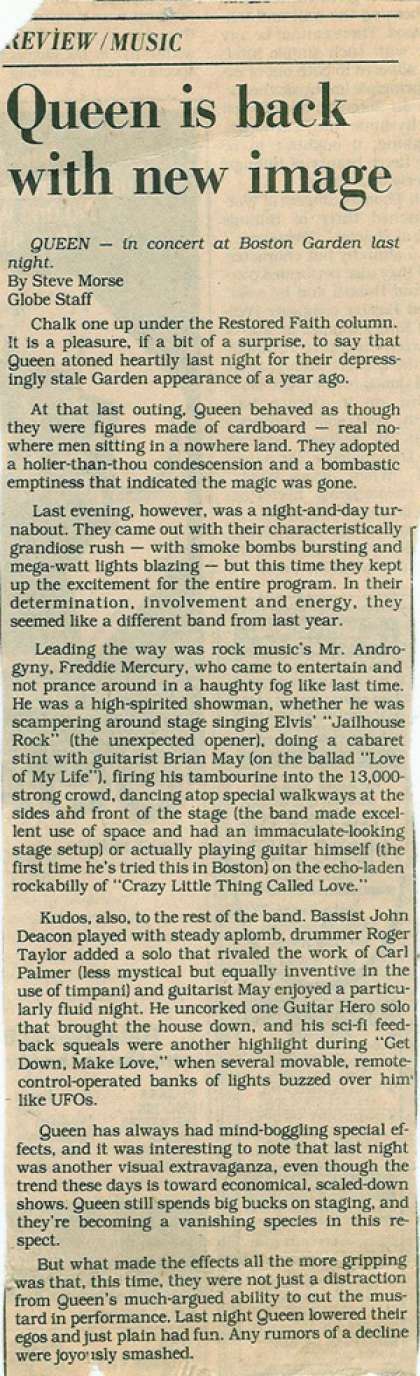 Newspaper review: Queen live at the Garden, Boston, MA, USA [26.09.1980]