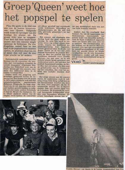 Newspaper review: Queen live at the Groenoordhallen, Leiden, The Netherlands [27.11.1980]