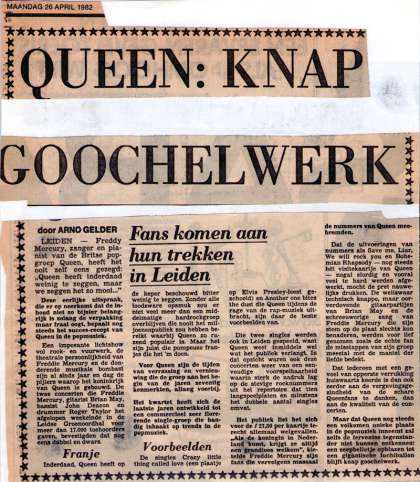 Newspaper review: Queen live at the Groenoordhallen, Leiden, The Netherlands [24.04.1982]