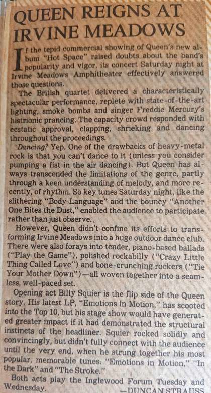 Newspaper review: Queen live at the Irvine Meadows, Irvine, CA, USA [11.09.1982]