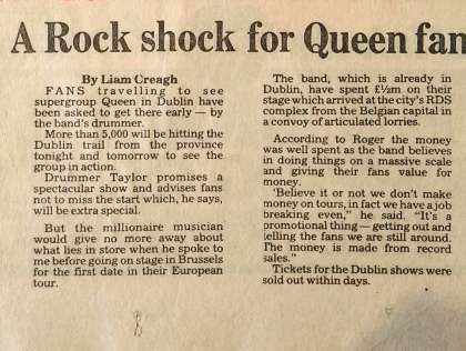 Newspaper review: Queen live at the RDS Simmons Hall, Dublin, Ireland [28.08.1984]