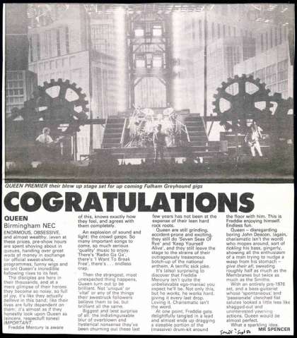 Newspaper review: Queen live at the National Exhibition Centre, Birmingham, UK [31.08.1984]