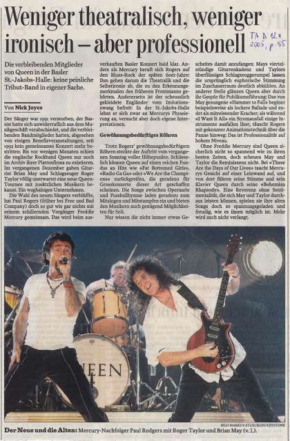 Newspaper review: Queen + Paul Rodgers live at the St. Jakobshalle, Basel, Switzerland [10.04.2005]