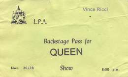 Backstage pass for the Queen concert in Ottawa on 30.11.1978