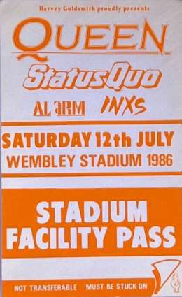 Stadium facility pass for the Queen concert at Wembley (provided by Dennis Days)