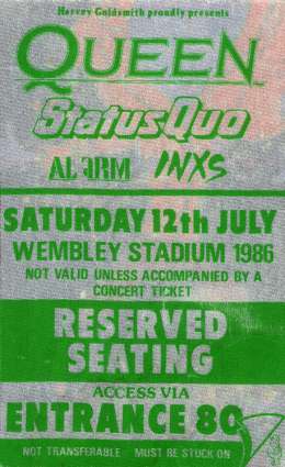 VIP pass (reserved seating) for the Wembley concert on 12.07.1986
